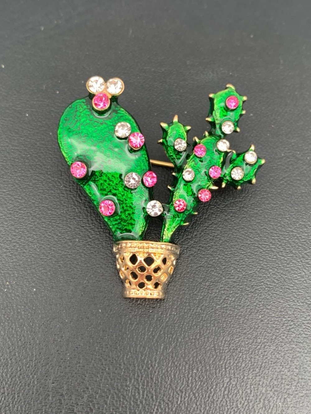 Green Cactus Enamel Brooch with Pink & Clear Rhinestones